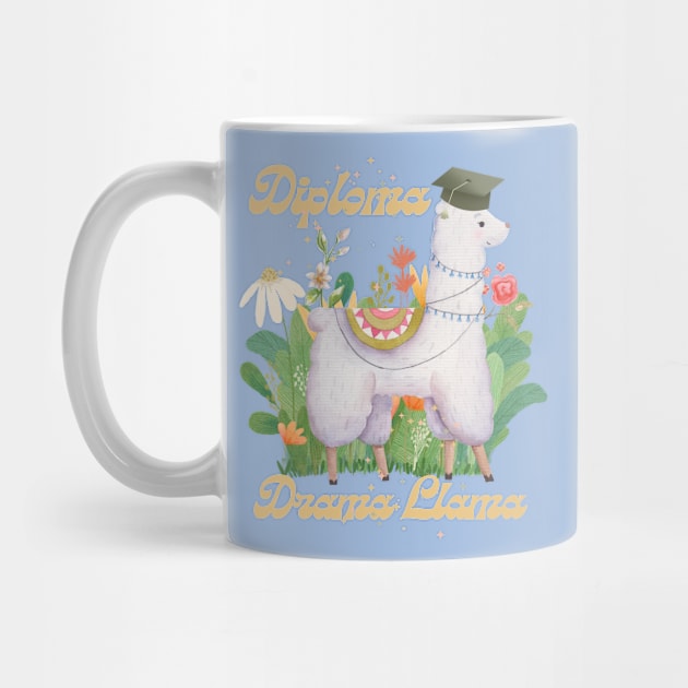 College Graduation Funny Quote Diploma Drama Llama, Cute Gold Green Waterolor Alpaca in Floral Grassy Bush by SimpleModern